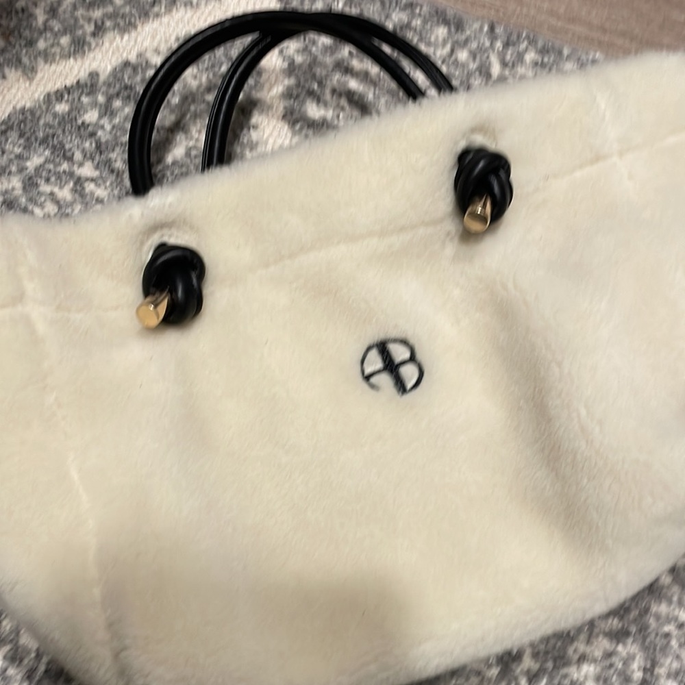 Anine Bing Cream Faux Fur Tote with Black Handles